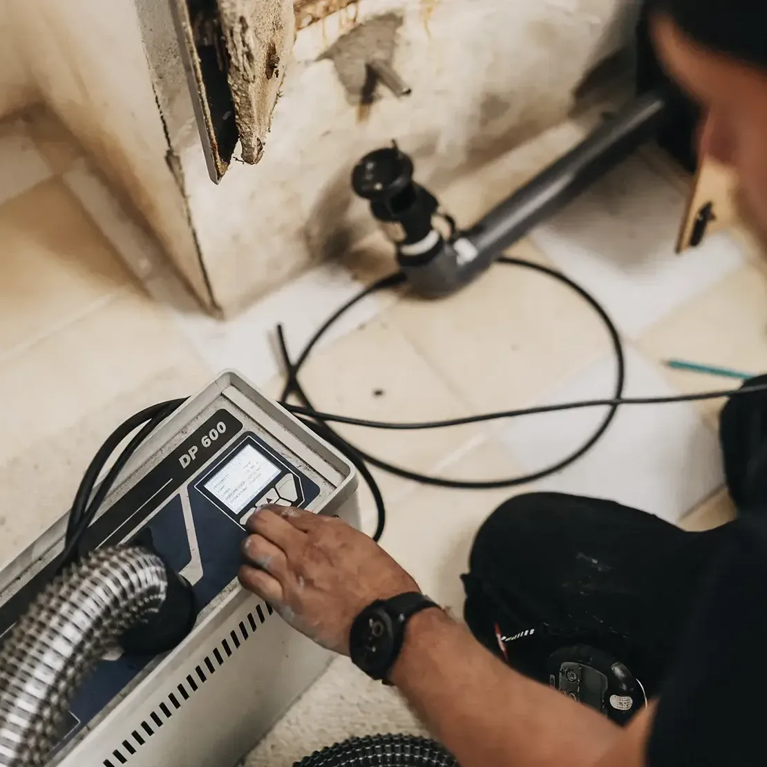 Rauchfangkehrer beim Durchführen einer Dichtheitsprobe